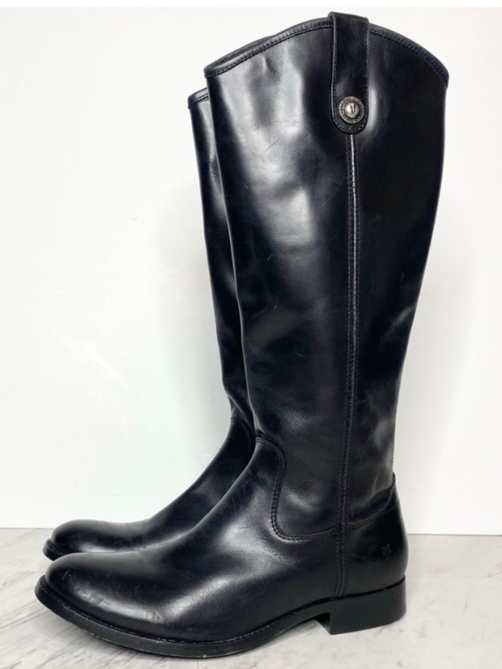 Frye Melissa Button Inside Zipper Black Leather Riding Tall Boot 7 1/2